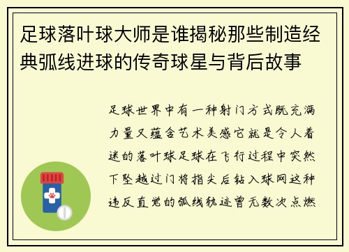 足球落叶球大师是谁揭秘那些制造经典弧线进球的传奇球星与背后故事